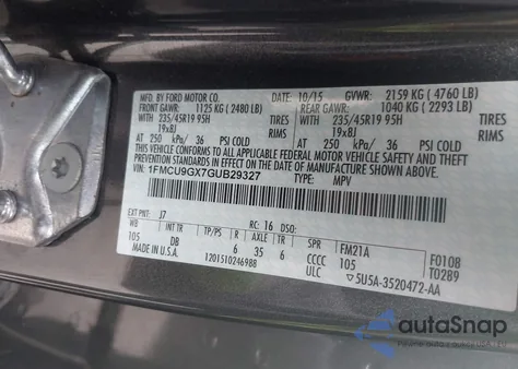 2016 Ford Escape Se из США, поврежденный, VIN 1FMCU9GX7GUB29327